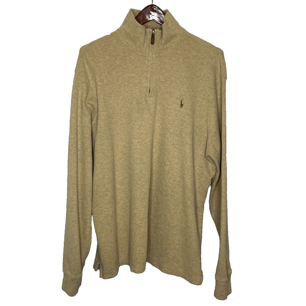 Men's XL Ralph Lauren Estate Rib Beige Cotton Ribbed Quarter Zip Sweater